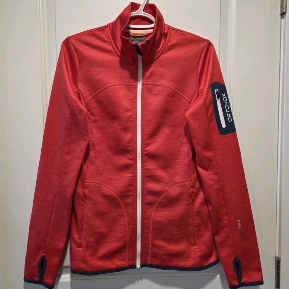 Ortovox Womens Medium Jacket Merino Wool Inside Red Full Zip Stretch Zip Pockets